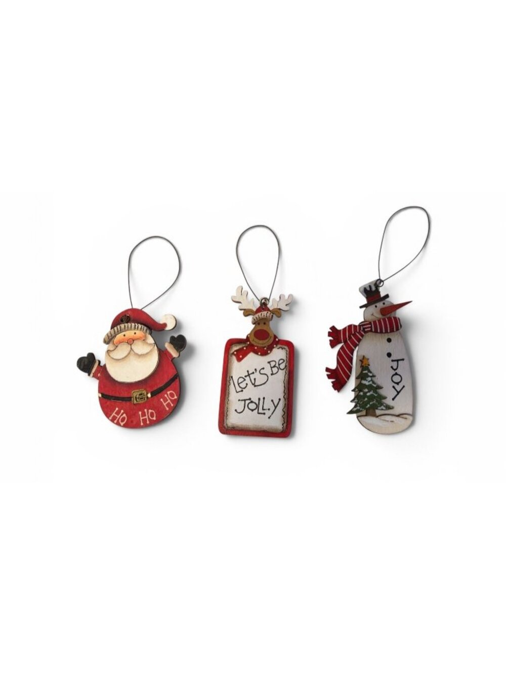 Wooden Christmas Ornaments Set - Santa Reindeer & Snowman Design - Rustic Holida